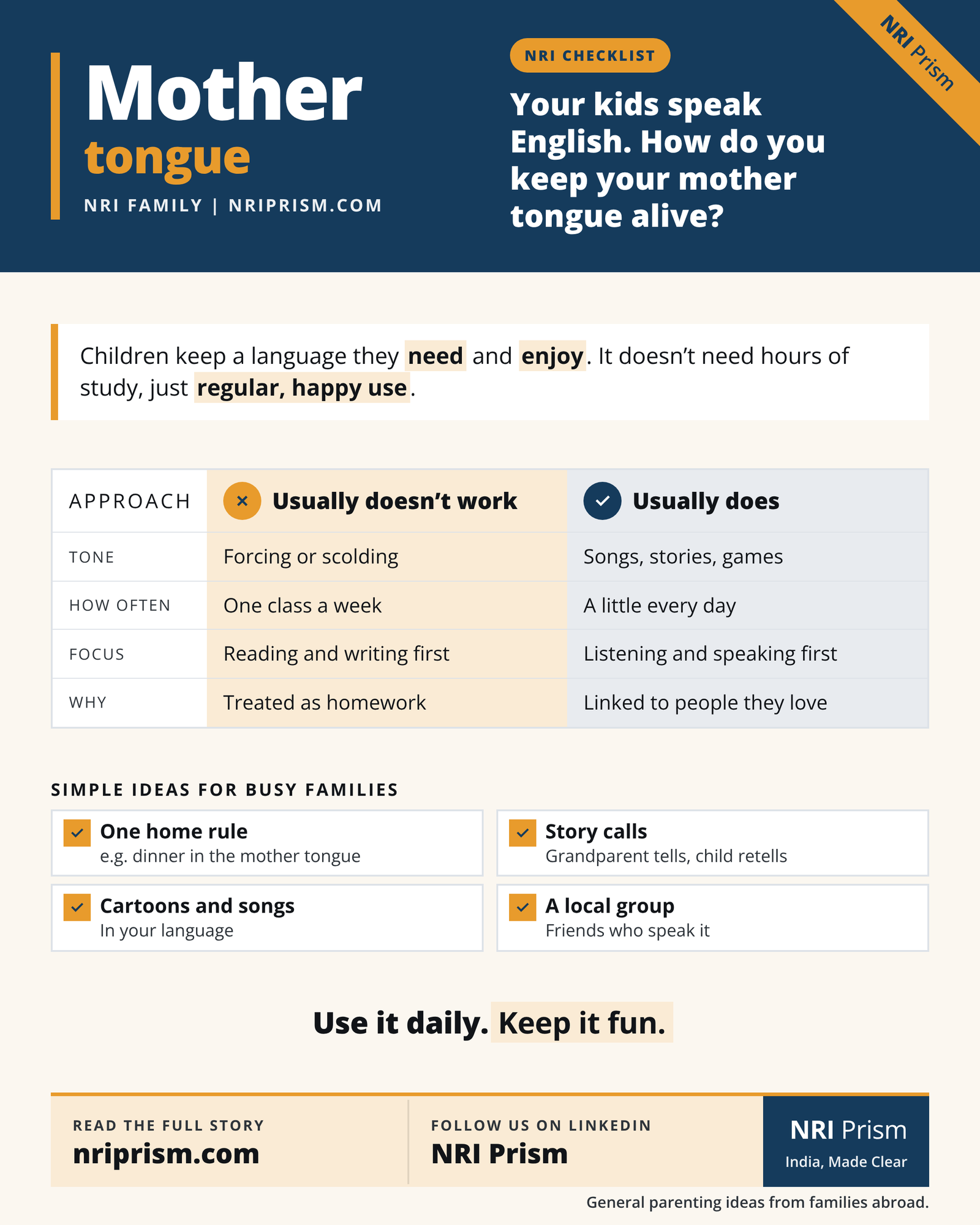 Infographic contrasting what does and doesn't work in keeping children speaking their mother tongue abroad.
