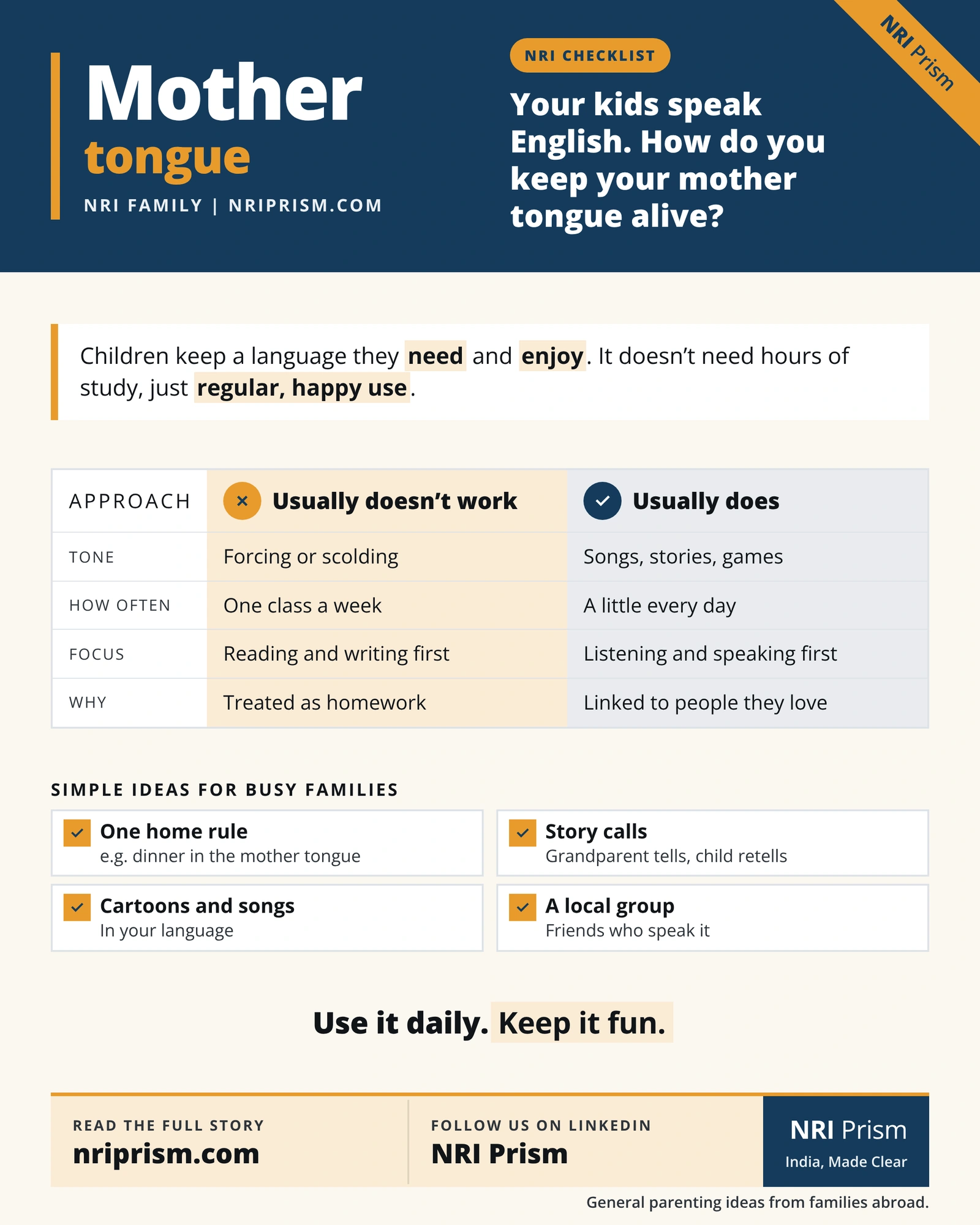 Infographic contrasting what does and doesn't work in keeping children speaking their mother tongue abroad.
