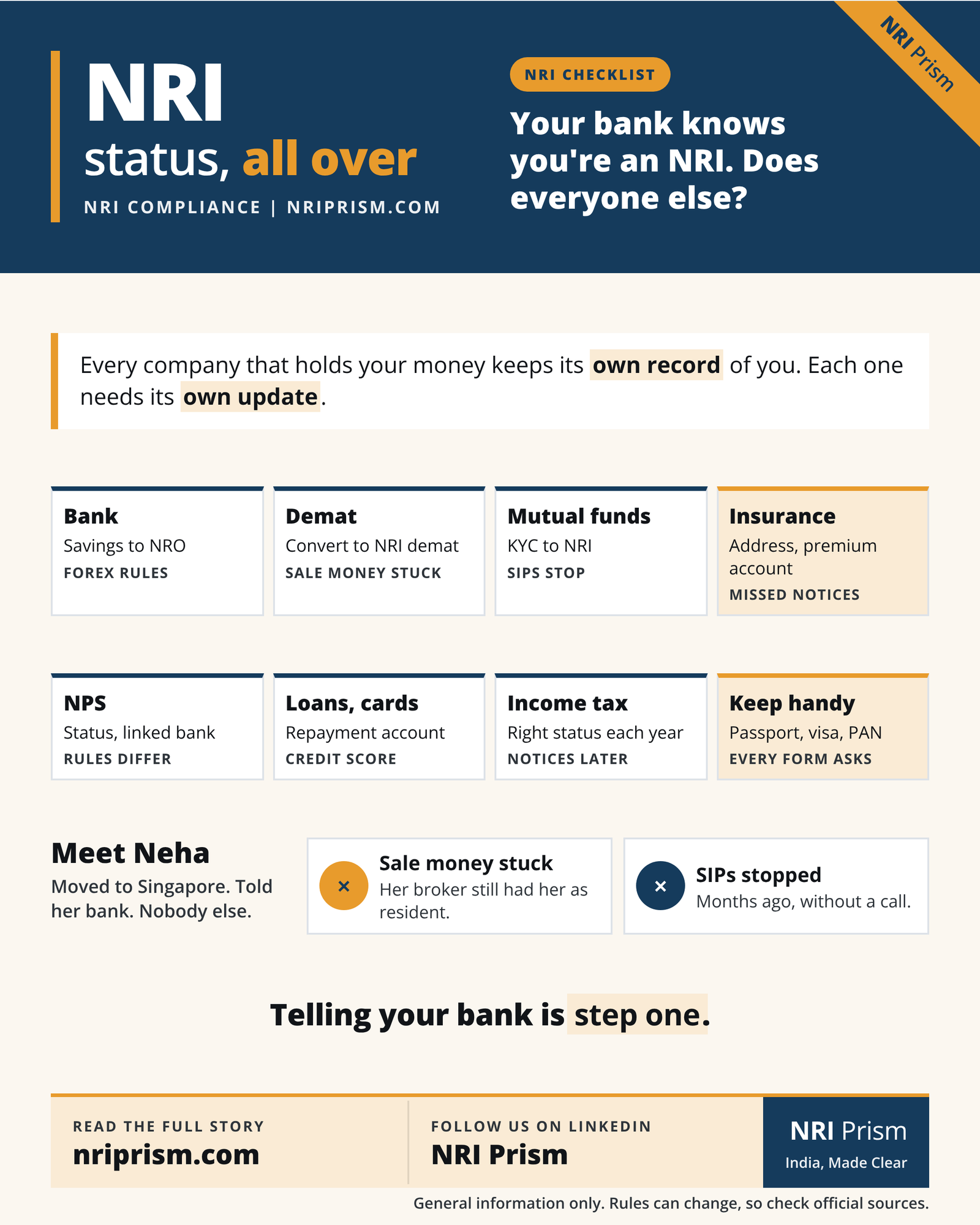 Infographic listing eight places NRIs must update their status, from bank and demat accounts to insurance and income tax.